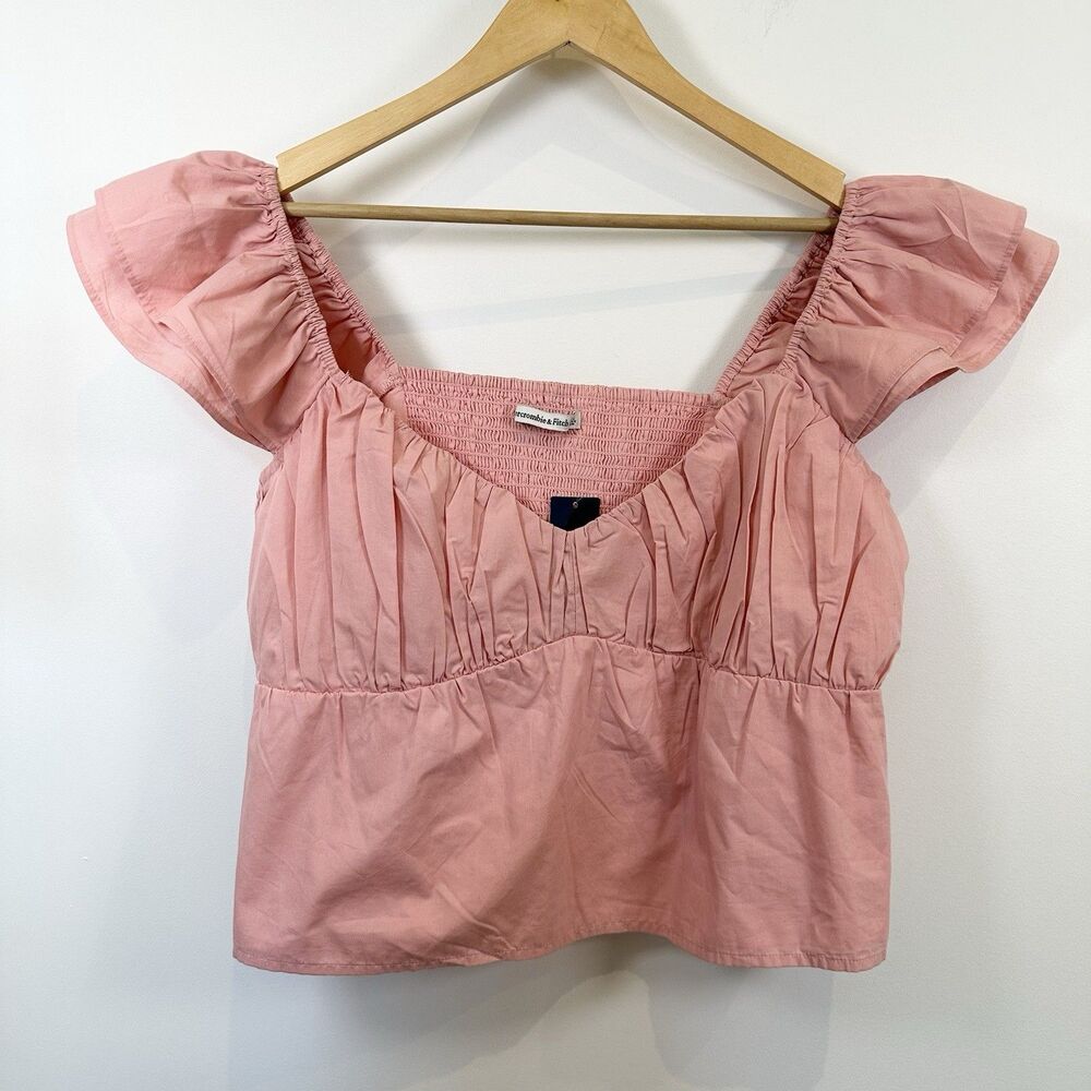 Abercrombie & Fitch Top XL Pink Ruffle Poplin Cropped Babydoll Smocked Milkmaid